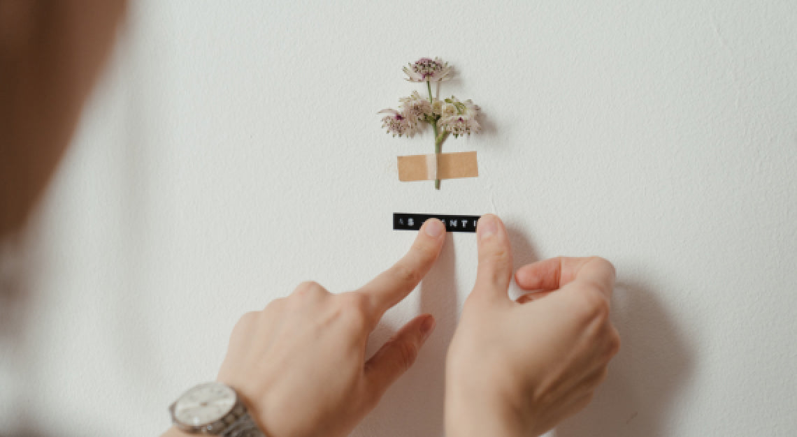 Hand pointing to small labeled plant on wall representing clear specific communication with customers